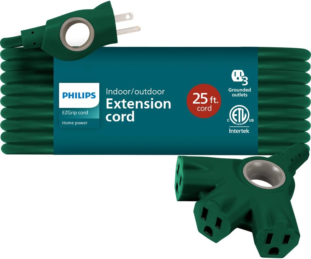Philips 3-Outlet EZGrip Grounded Extension Cord, 25 ft., Indoor/Outdoor, Green