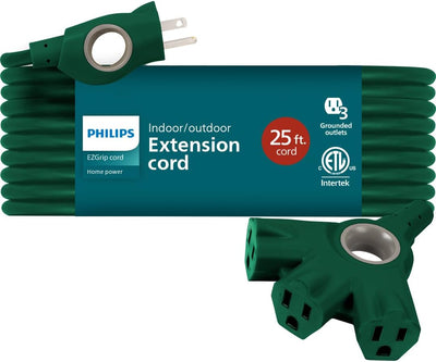 Philips 3-Outlet EZGrip Grounded Extension Cord, 25 ft., Indoor/Outdoor, Green