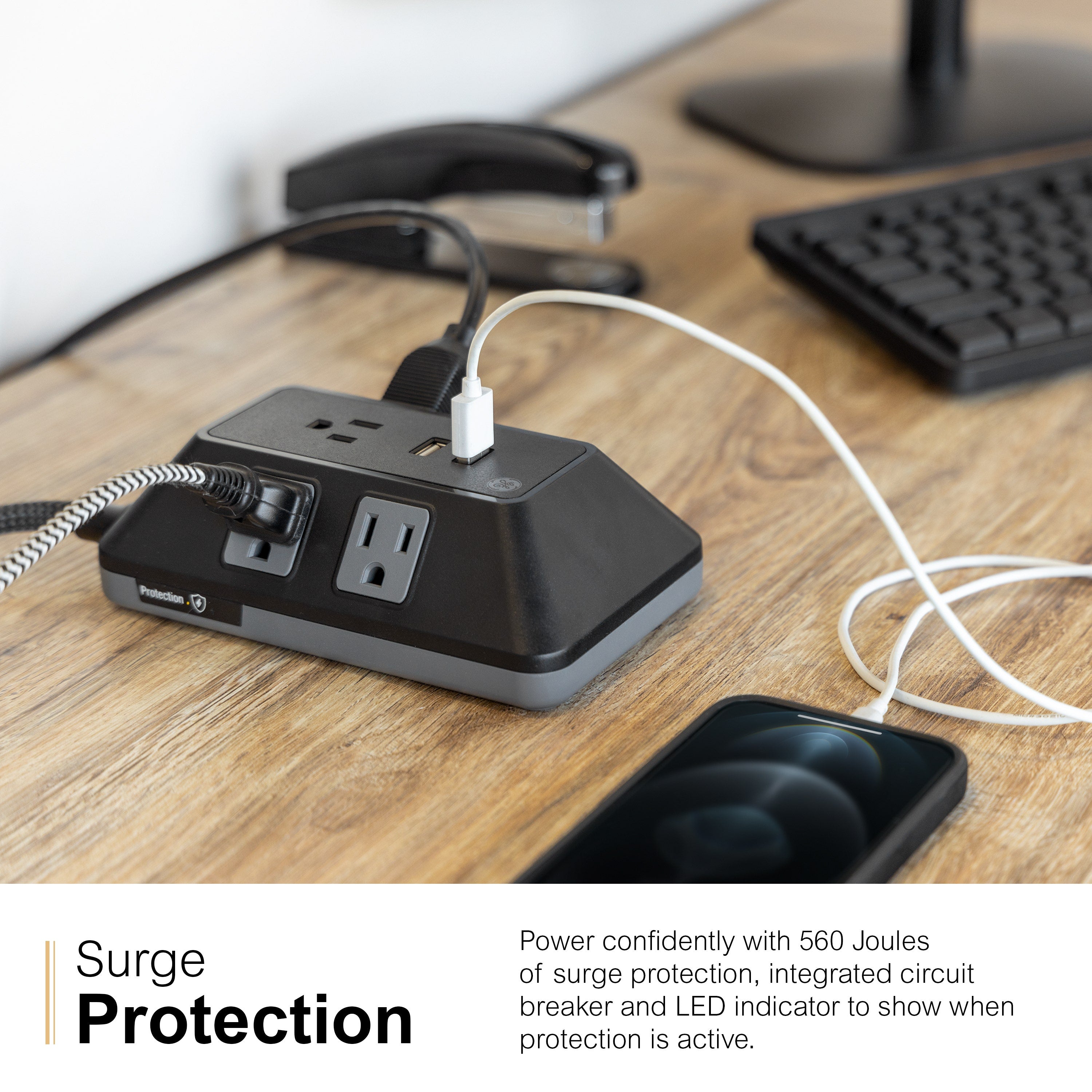 GE 5-Outlet 2-USB 3ft. Surge Protector with Adapter-Spaced Outlets, Black