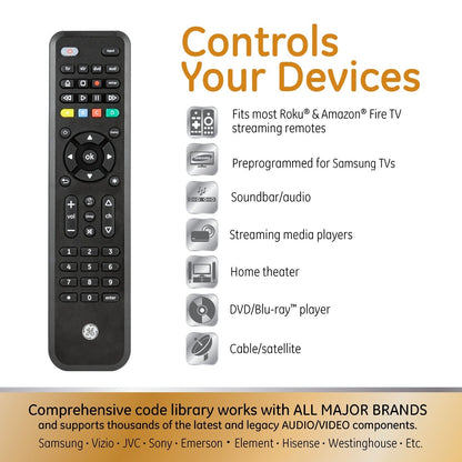 GE 4-Device Universal Companion Remote for Roku and Amazon TV with Flip and Slide Cradle, Black