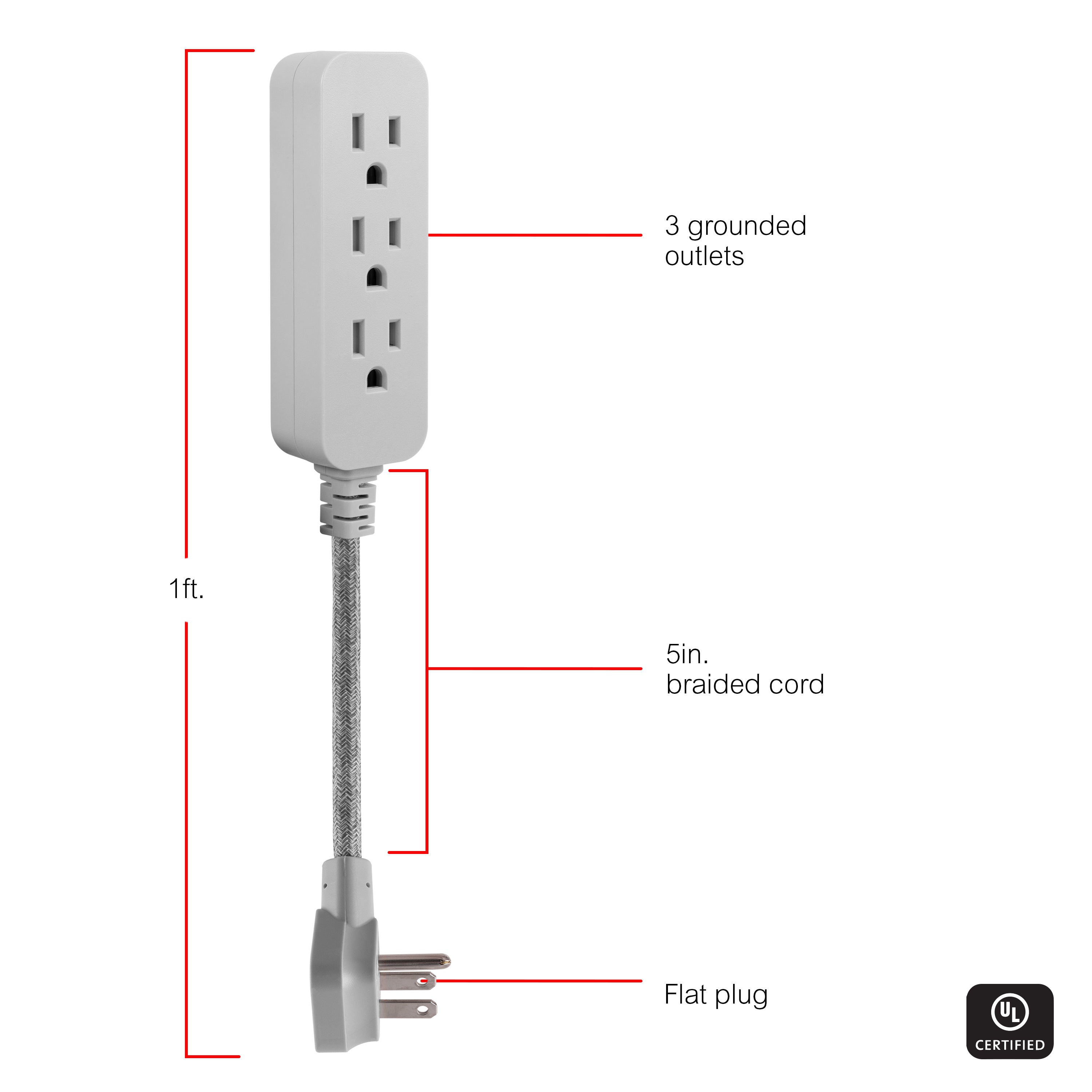 GE Designer 3-Outlet Mini Cord, Gray