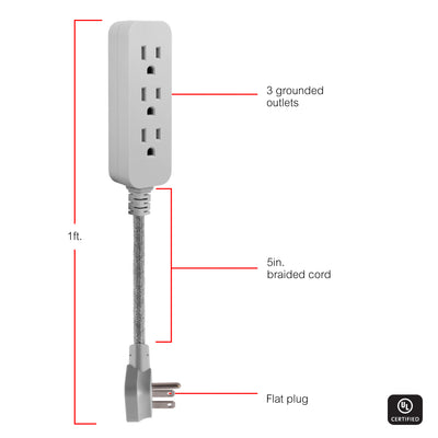 GE Designer 3-Outlet Mini Cord, Gray