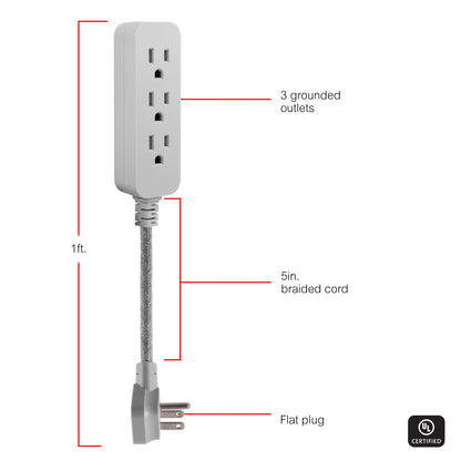 GE Designer 3-Outlet Mini Cord, Gray