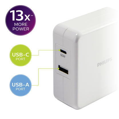 Philips USB-C USB-A Wall Charger with Power Delivery, White