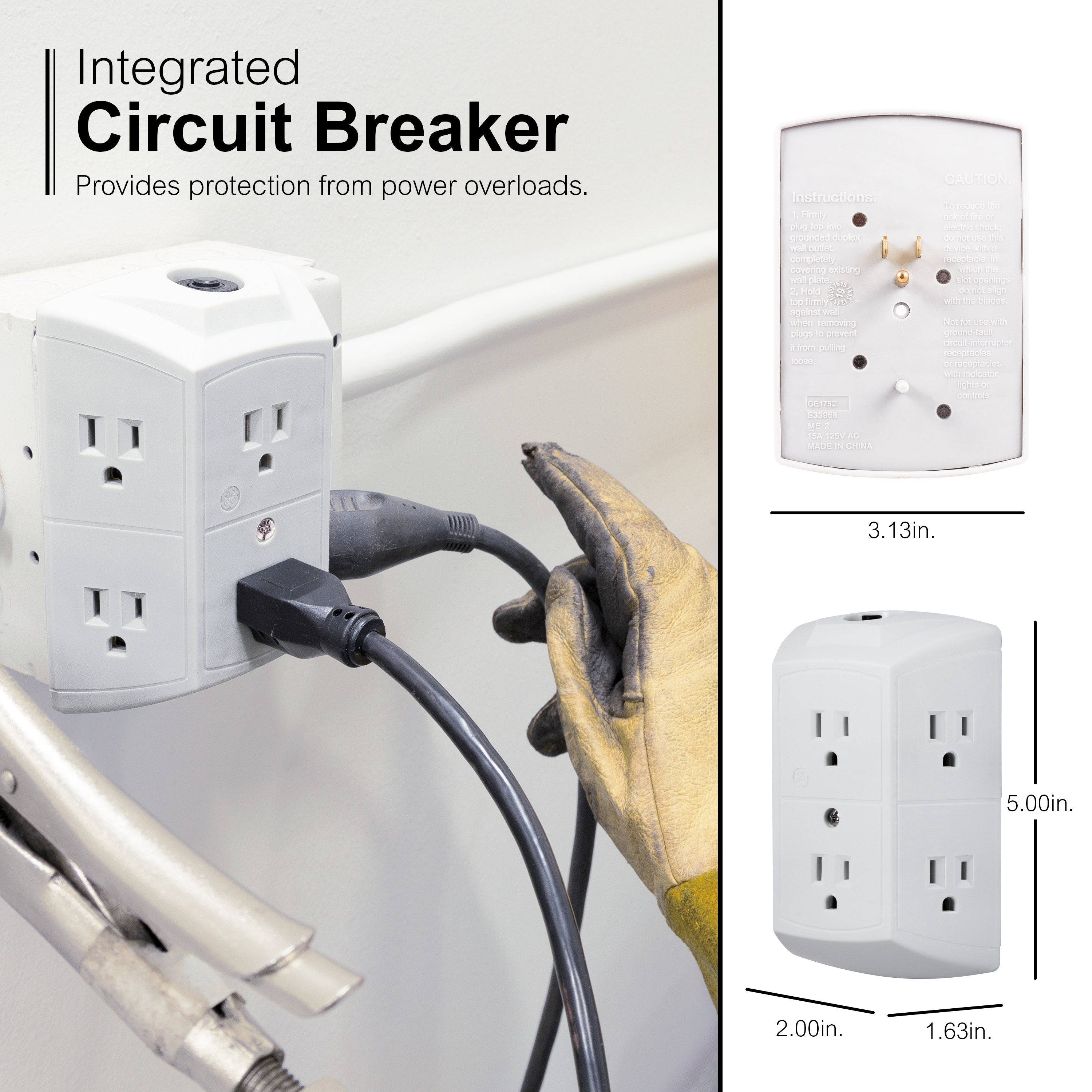 GE 6-Outlet Wall Tap with Resettable Circuit Breaker, White
