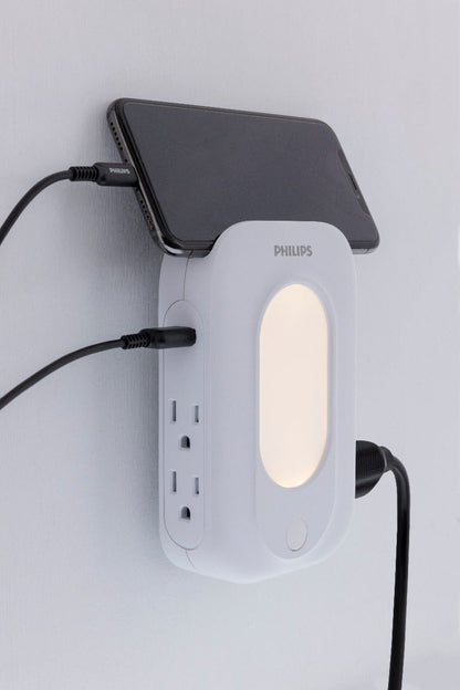 Philips 4-Outlet 2-USB Wall Tap with Surge Protection and Light Sensing Night Light, White