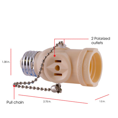 Power Gear Socket Adapter, Polarized, 2 Outlets, Pull Chain, Ivory
