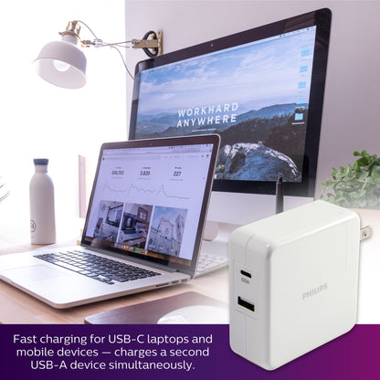 Philips USB-C USB-A Wall Charger with Power Delivery, White