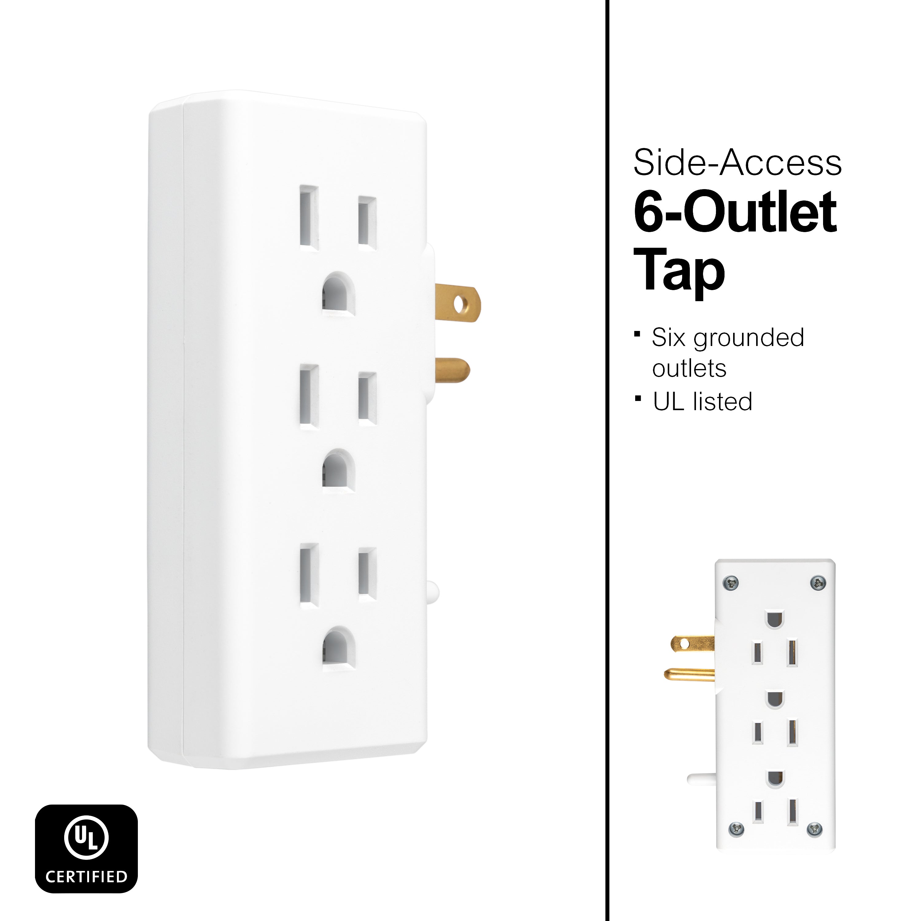 GE 6-Outlet Space-Saving Wall Tap, White, 3pk