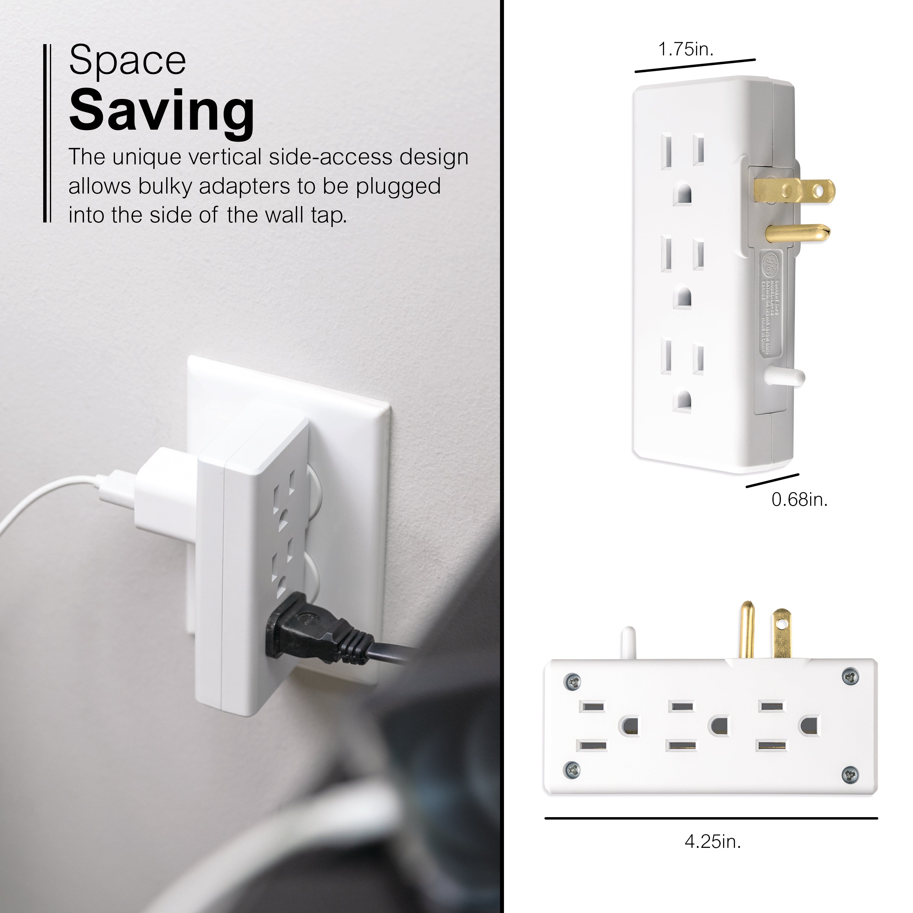 GE 6-Outlet Space-Saving Wall Tap, White, 3pk