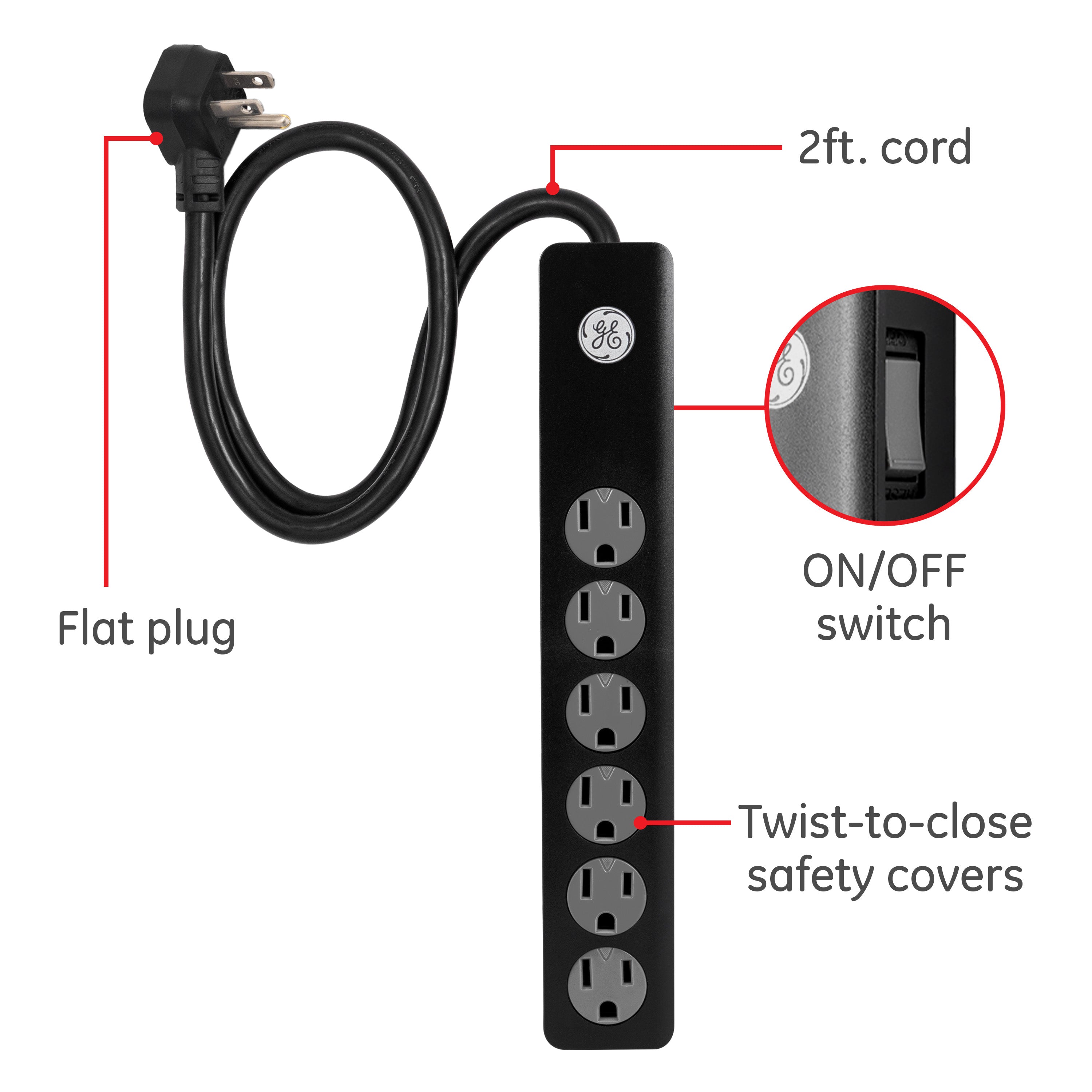 GE 6-Outlet Surge Protector Extension Cord, 450J, Black, 2ft., 2pk
