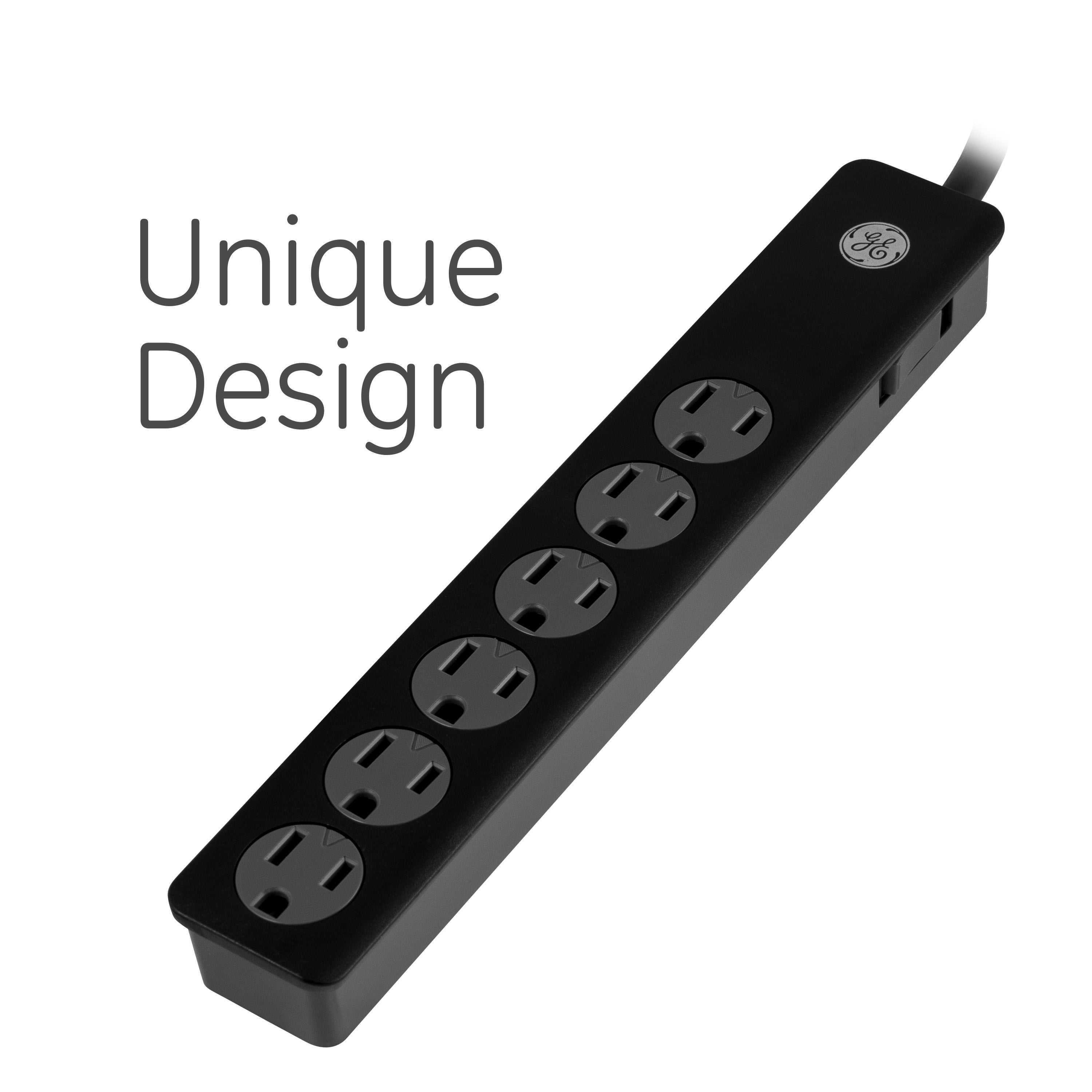 GE 6-Outlet Surge Protector Extension Cord, 450J, Black, 2ft., 2pk