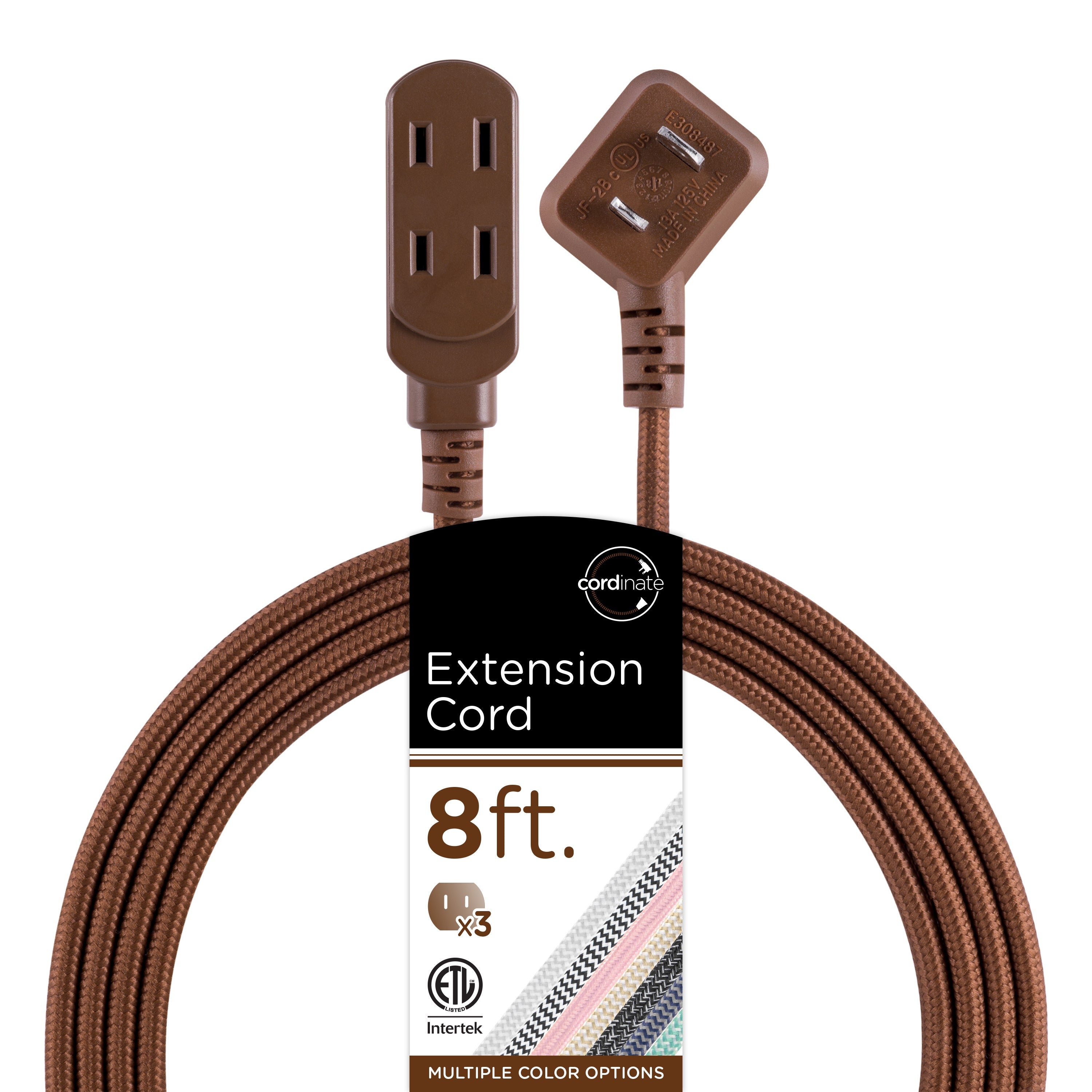 Cordinate 3-Outlet 8ft. Braided Extension Cord with Flat Plug, Brown