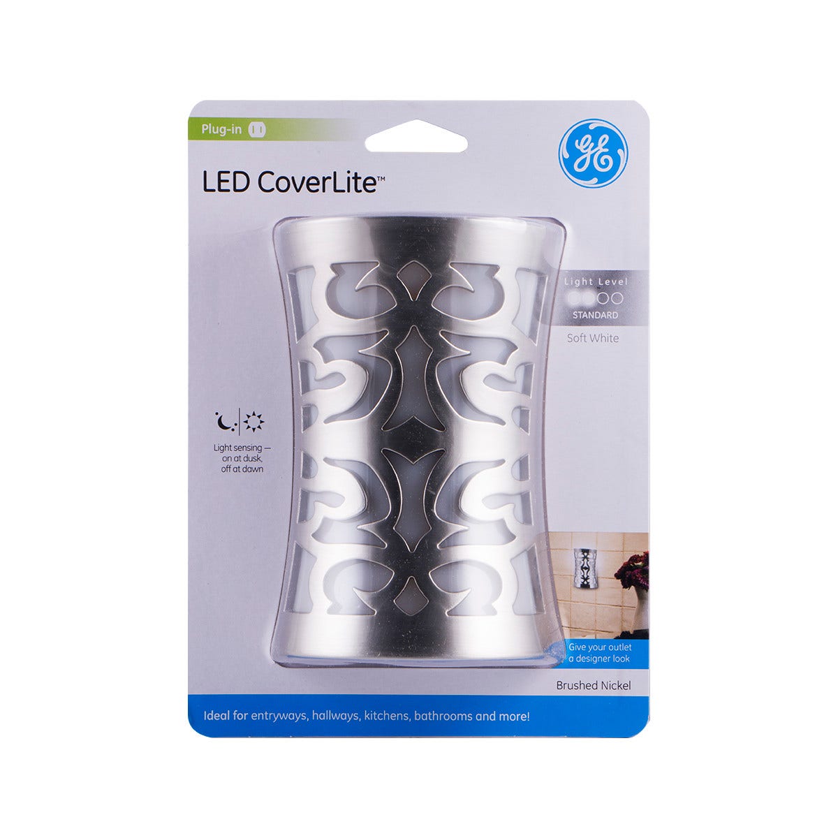 GE CoverLite Light Sensing LED Night Light, Brushed Nickel