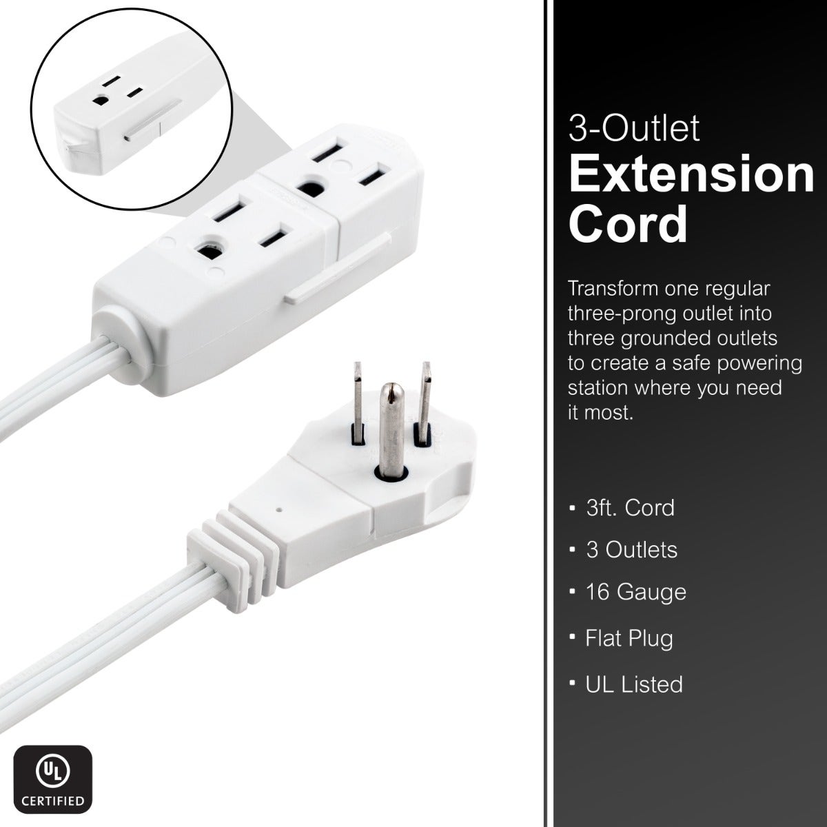 GE 3-Outlet 3ft. Extension Cord  with Right-Angle Plug, White