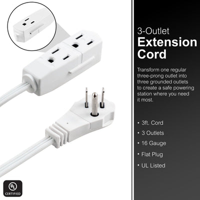 GE 3-Outlet 3ft. Extension Cord  with Right-Angle Plug, 2 Pack, White