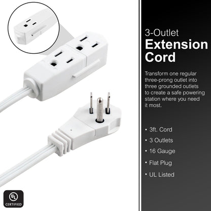 GE 3-Outlet 3ft. Extension Cord  with Right-Angle Plug, 2 Pack, White