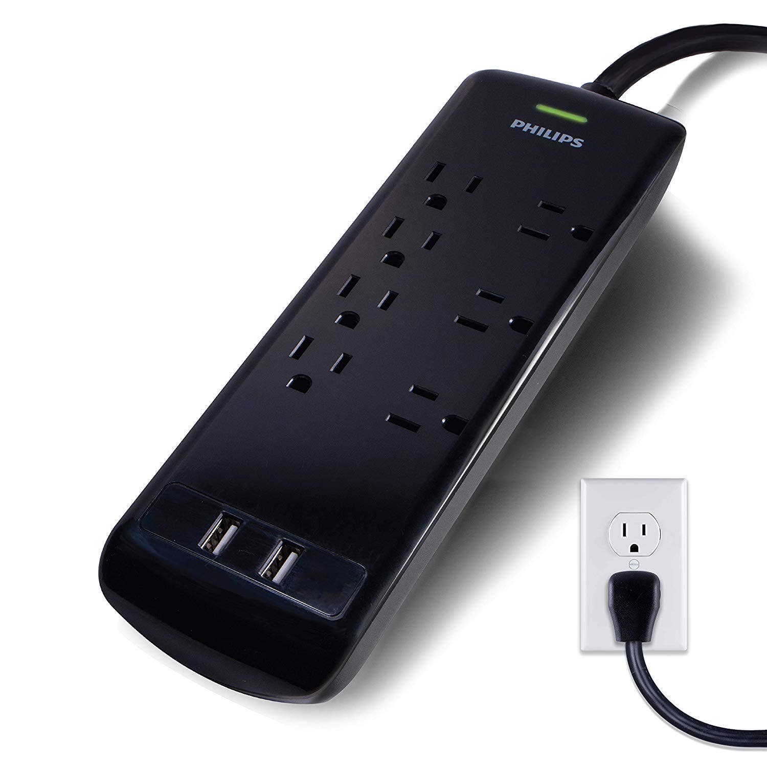 Philips 7-Outlet 2-USB 4ft. Surge Protector, Black