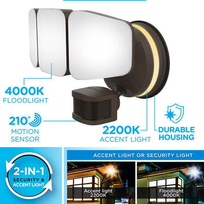 Enbrighten VIBE Outdoor 3-Head Motion-Sensing Back Lit WiFi LED Security Light, Bronze