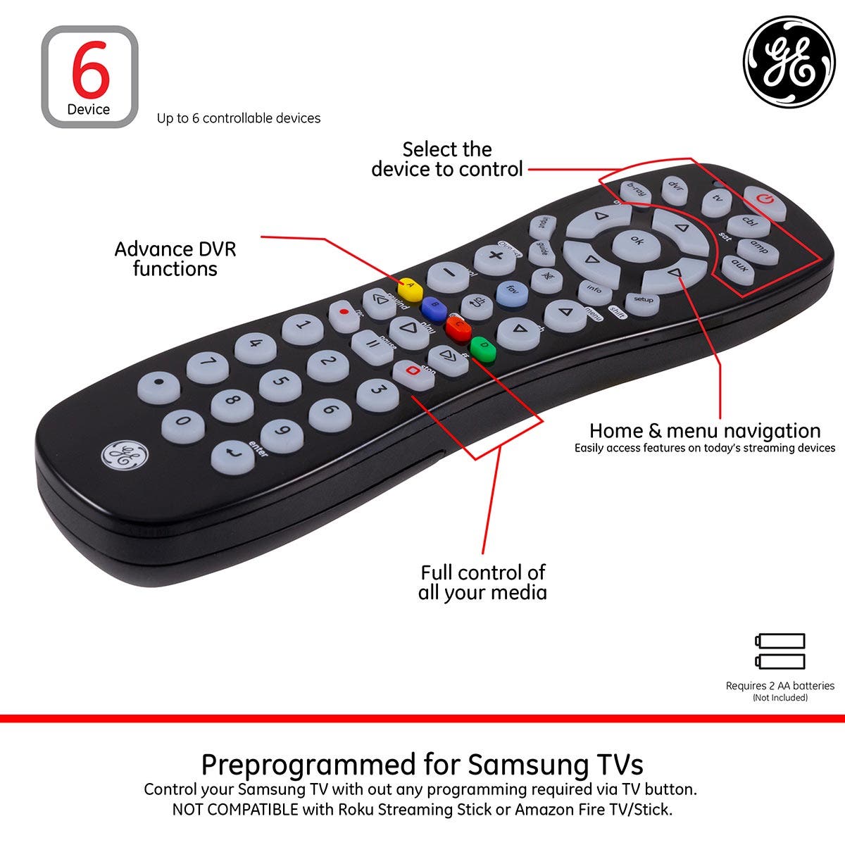 GE 6-Device Universal Remote, Black