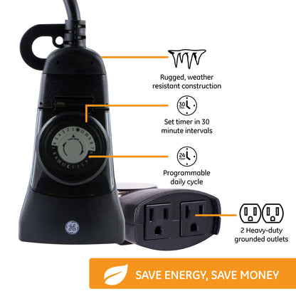 GE Indoor/Outdoor 24-Hour Programmable Mechanical Timer, 2 Pack, Black
