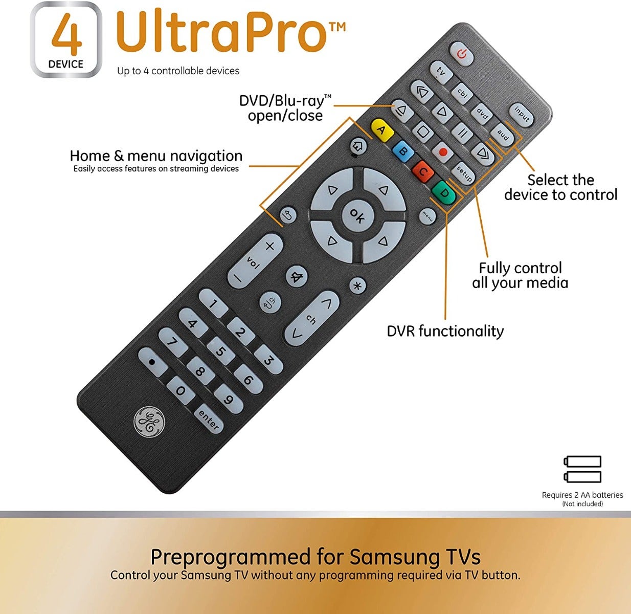 GE 4-Device Backlit Universal Remote, Brushed Graphite