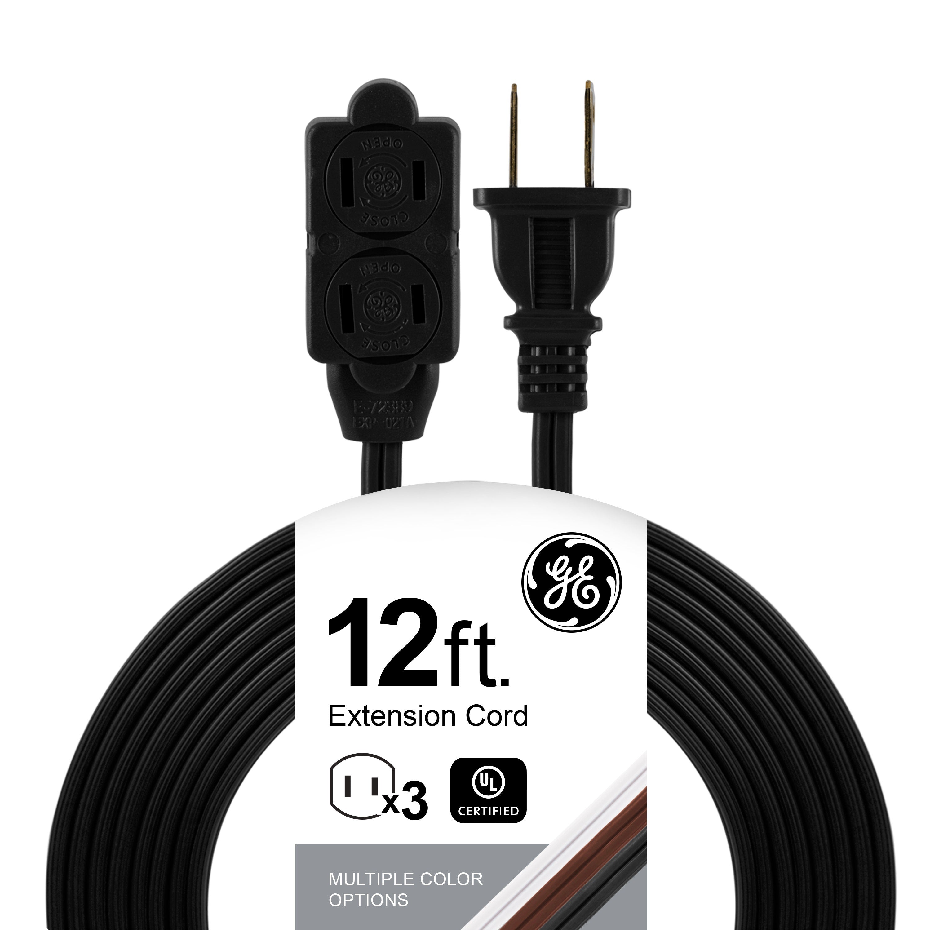GE 3-Outlet 12ft. Extension Cord with twist-to-Close Outlets, Black