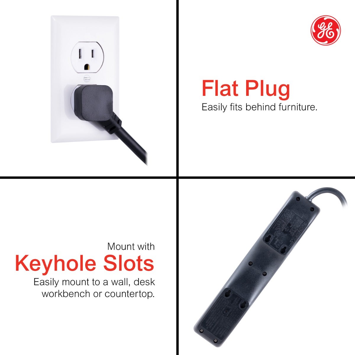 GE 4-Outlet 2-USB 3ft. Surge Protector, Black