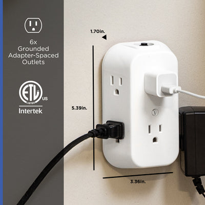 GE 6-AC Wall Tap w/ Resettable Circuit Breaker, White, 2pk