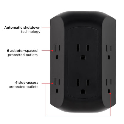GE UltraPro 6-Outlet Wall Tap with Surge Protection, 2 Pack, Black