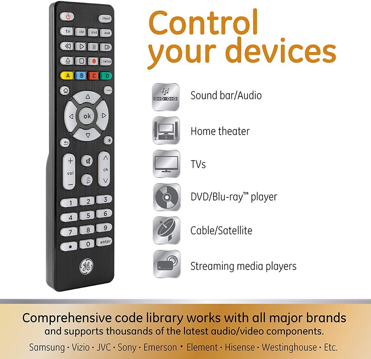 GE 4-Device Backlit Universal Remote, Brushed Black