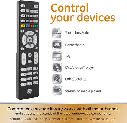 GE 4-Device Backlit Universal Remote, Brushed Black