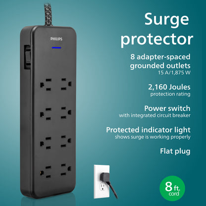 Philips 8-Outlet 8ft. Surge Protector with Adapter-Spaced Outlets, Black