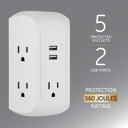 GE UltraPro 5-AC, 2-USB Side-Access Surge Protector, 560J, White