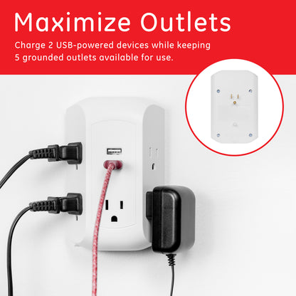 GE UltraPro 5-AC, 2-USB Side-Access Surge Protector, 560J, White