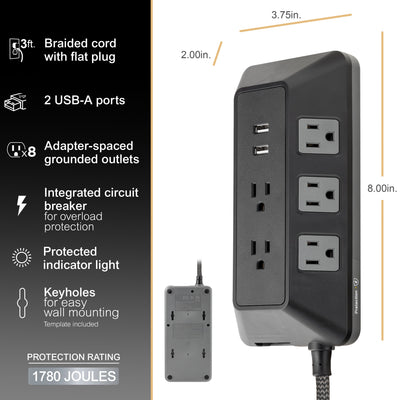 GE 8-Outlet 2-USB 3ft. Surge Protector with Adapter-Spaced Outlets, Black