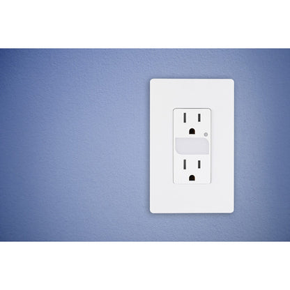GE UltraPro Grounding Duplex Tamper Resistant Receptacle with Light Sensing Guide Light, White