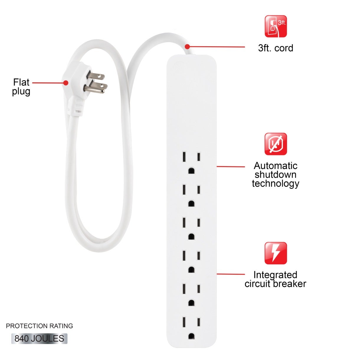 GE 6-Outlet 6ft. Surge Protector, White