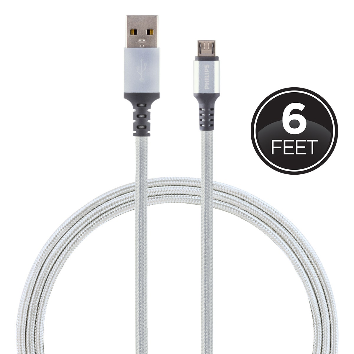 Philips 6ft. USB-A to Micro USB Braided Charging Cable, Silver