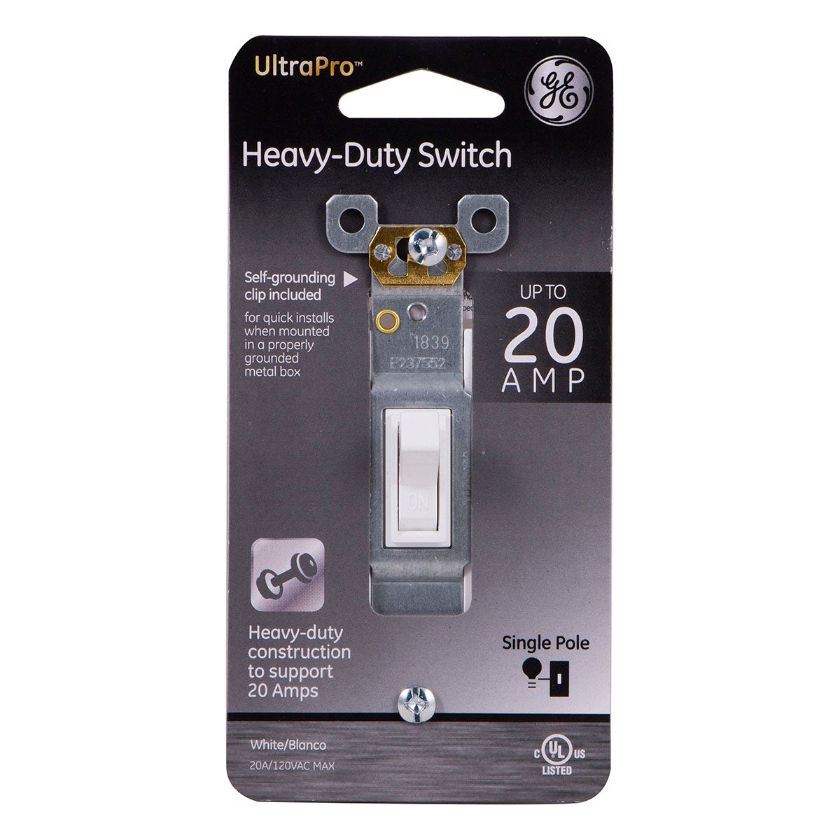 GE UltraPro Single Pole Heavy-Duty Toggle Switch, White