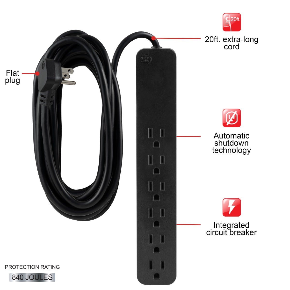 GE 6-Outlet 20ft. Surge Protector, Black
