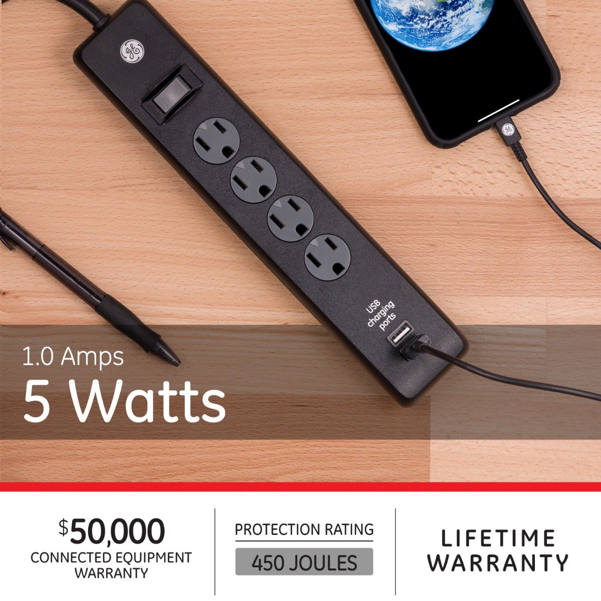 GE 4-Outlet 2-USB 3ft. Surge Protector With Twist-To-Close Safety Covers, Black
