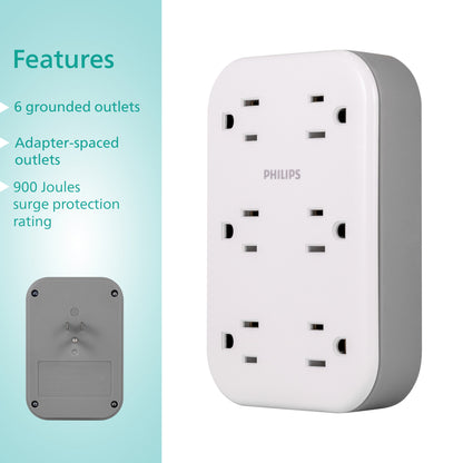 Philips 6-Outlet Wall Tap with Surge Protection and Adapter Spaced Outlets, White