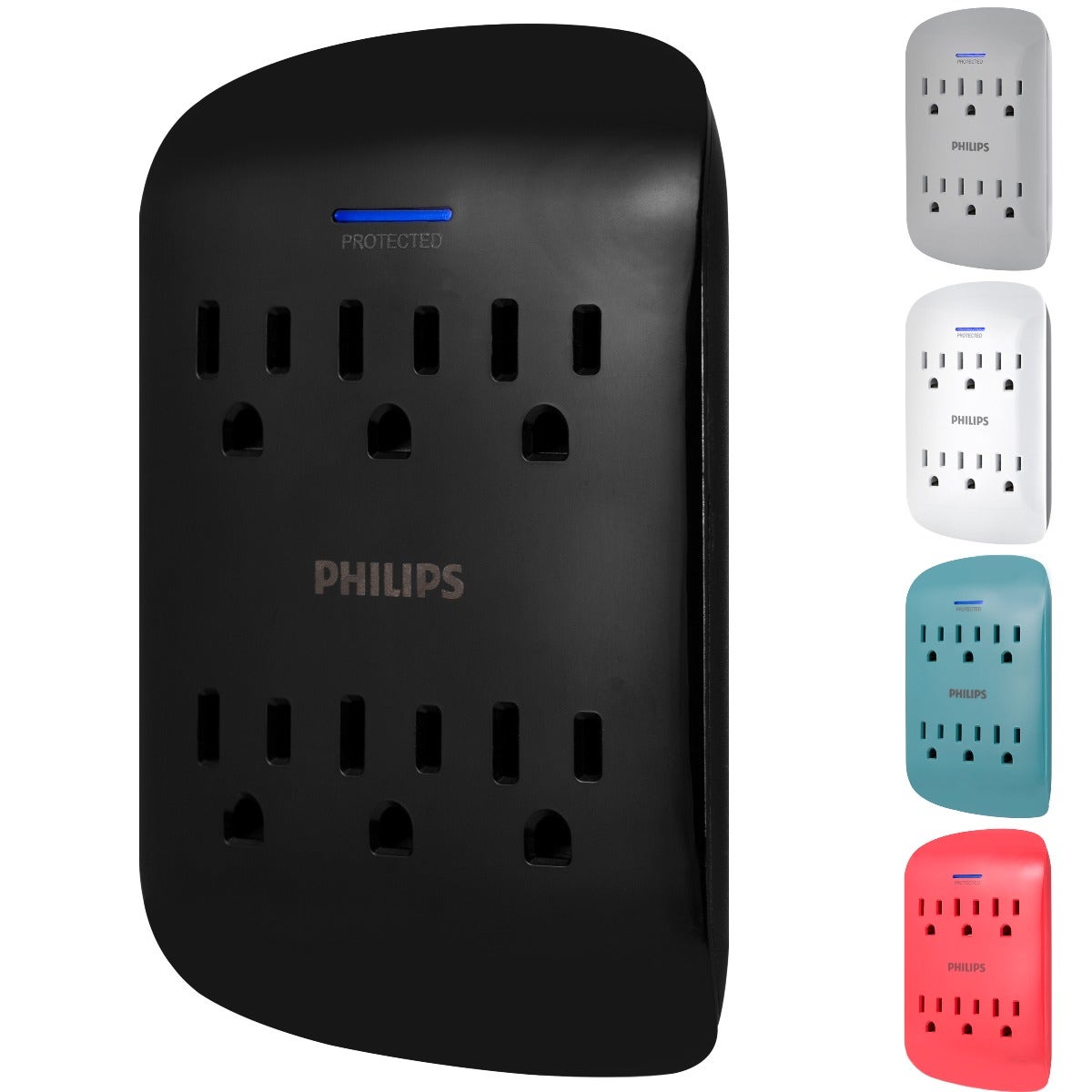 Philips 6-Outlet Wall Tap with Surge Protection, 2 Pack, Black