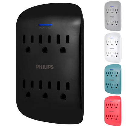 Philips 6-Outlet Wall Tap with Surge Protection, 2 Pack, Black