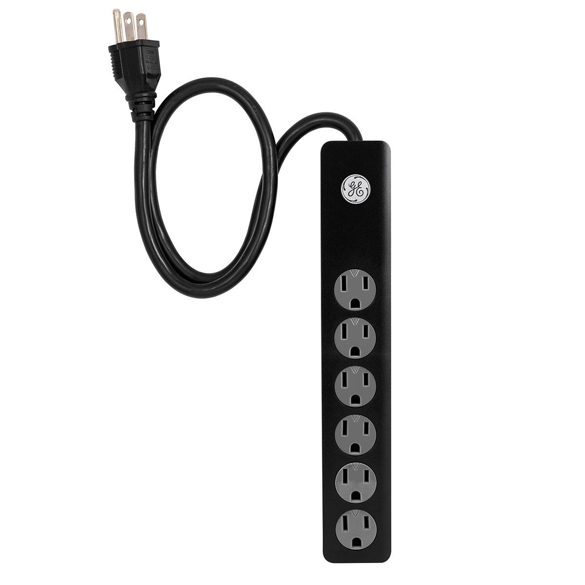 GE 6-Outlet 2ft. Surge Protector With Twist-To-Close Safety Covers, Black