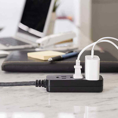 GE 3-Outlet 1ft. Mini Braided Extension Cord and Flat Plug, Black/Gray