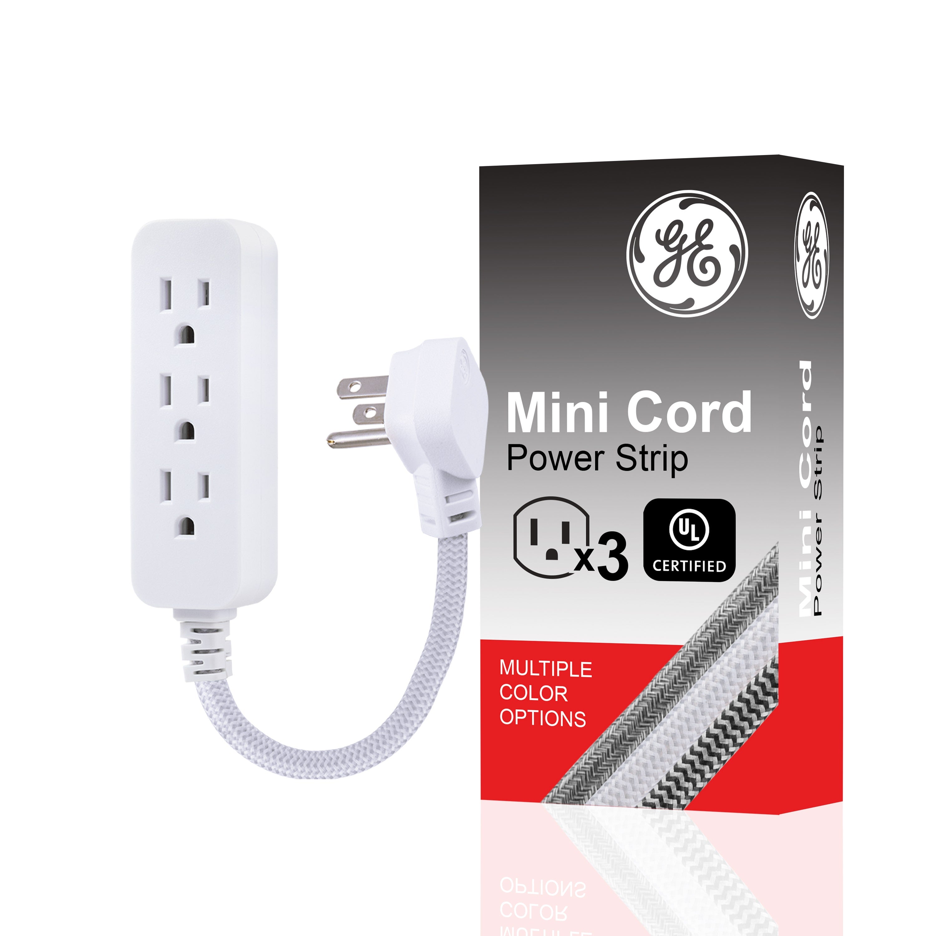 GE 3-Outlet 1ft. Mini Braided Extension Cord with Flat Plug, White/Gray
