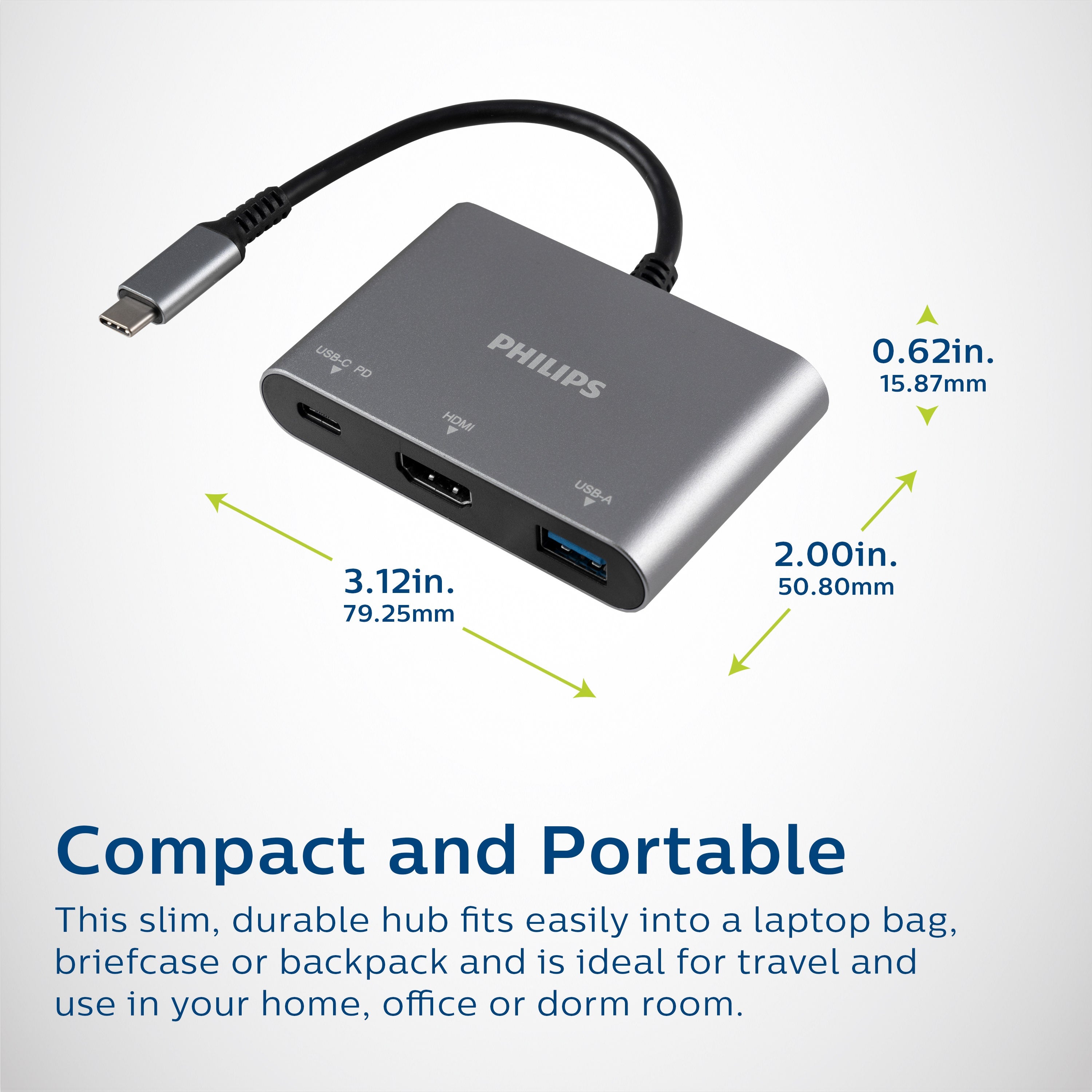 Philips USB-C 3-in-1 Multiport Hub With Power Pass-Through, Silver