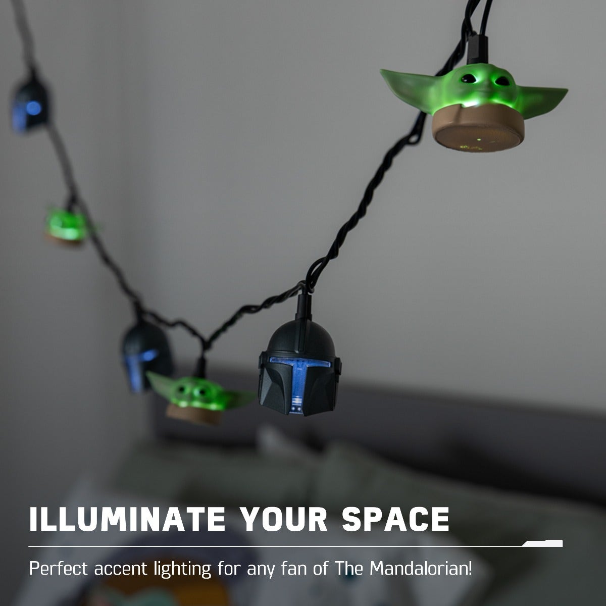 Star Wars The Mandalorian The Child and The Bounty Hunter's Helmet LED String Lights, 10 Bulbs, 10ft. Black Cord